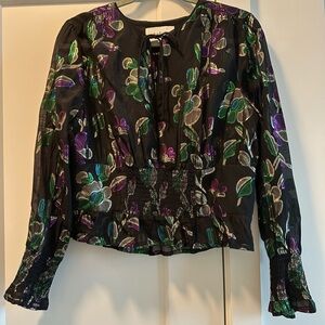 ba&sh Floral Black Top with Green and Purple Accents